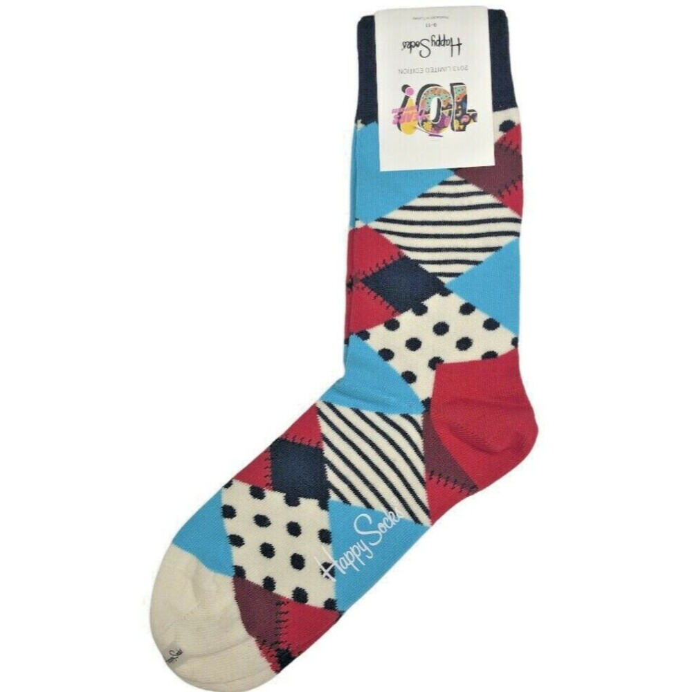Happy Socks Limited Edition Patchwork Ladies Mens Red White Blue Sock Sz 9-11
